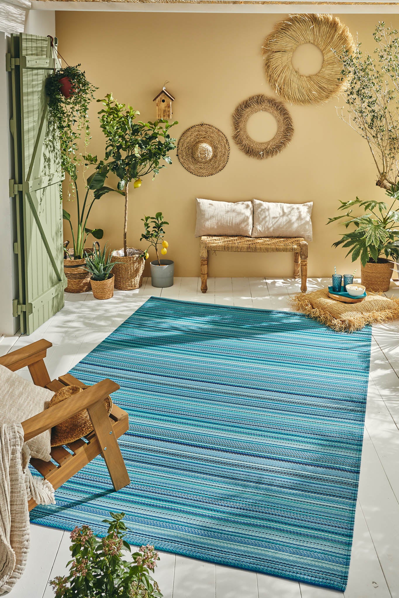 Tapis d'extérieur motif rayure dégradée bleu : CAP1746BLE CAPRI