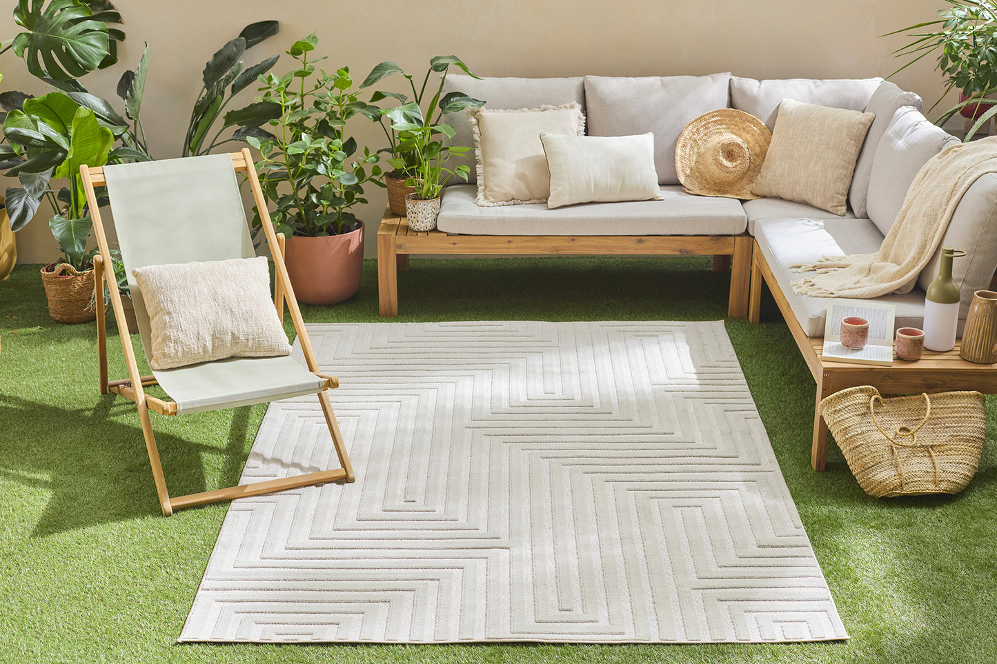 Tapis intérieur extérieur motif abstrait crème : LOO338CRE LOOPIN