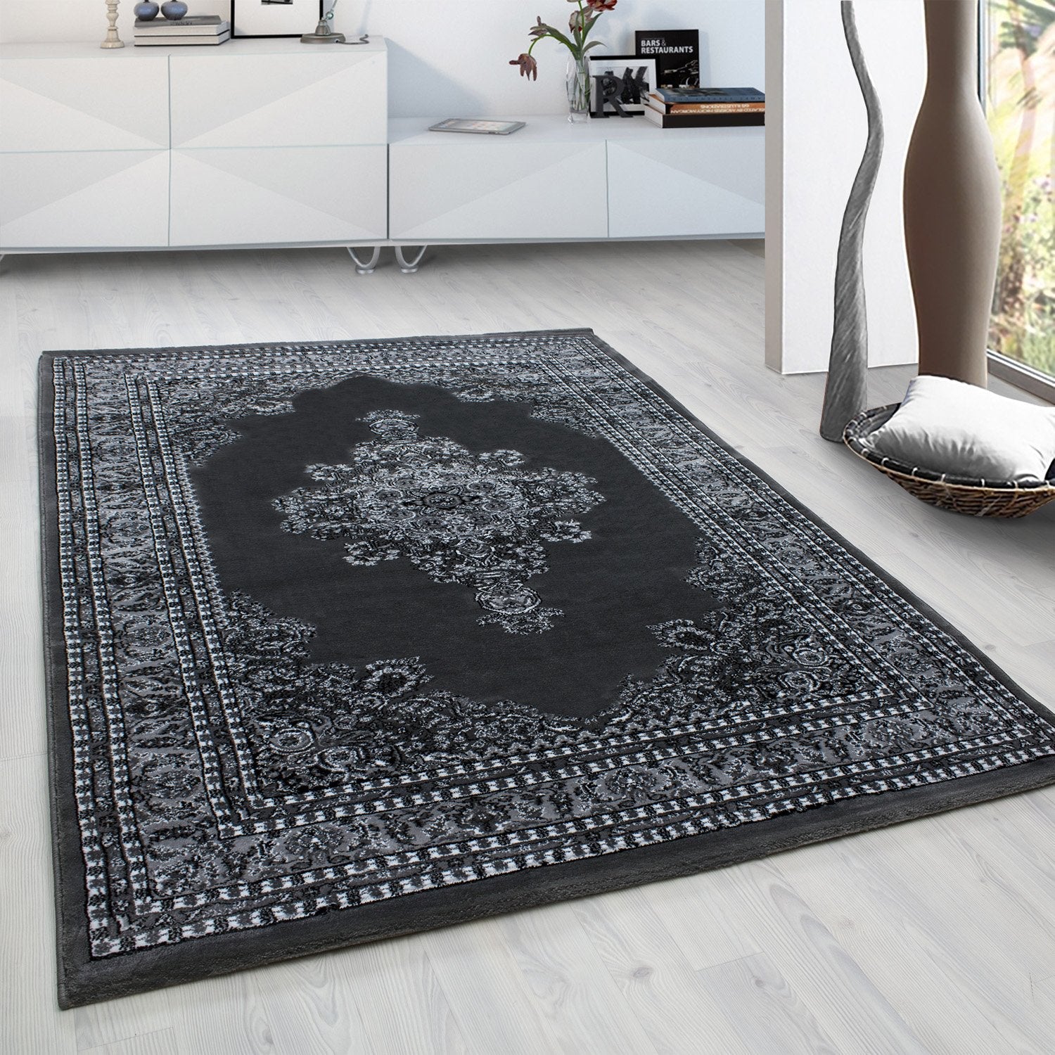 Tapis De Salle De Bain Romany - Set De 4 Pièces - Super épais Antidérapant - Motif Arc Gris Charbon - Neuf