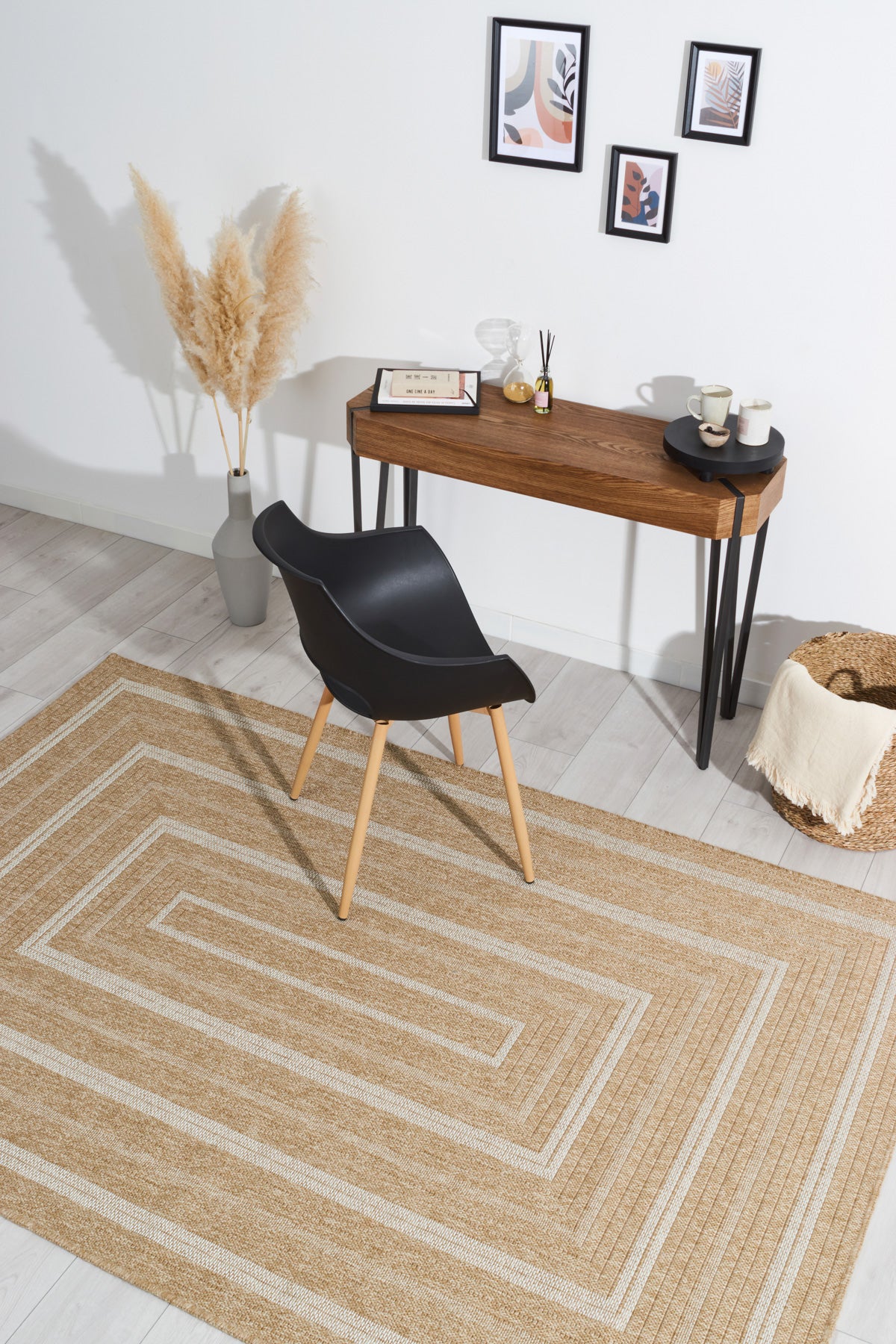 Tapis de salon - intérieur extérieur - aspect jute - motifs rectangles blancs : NAT8863BLA NATURE