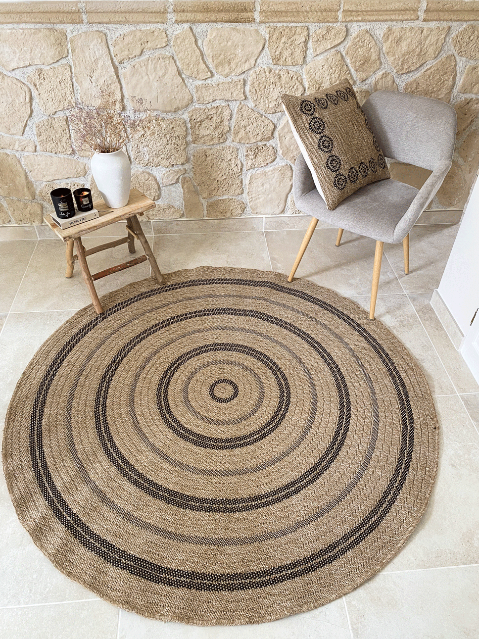 Tapis rond effet jute naturel avec motif noir : NAT8863NOI NATURE