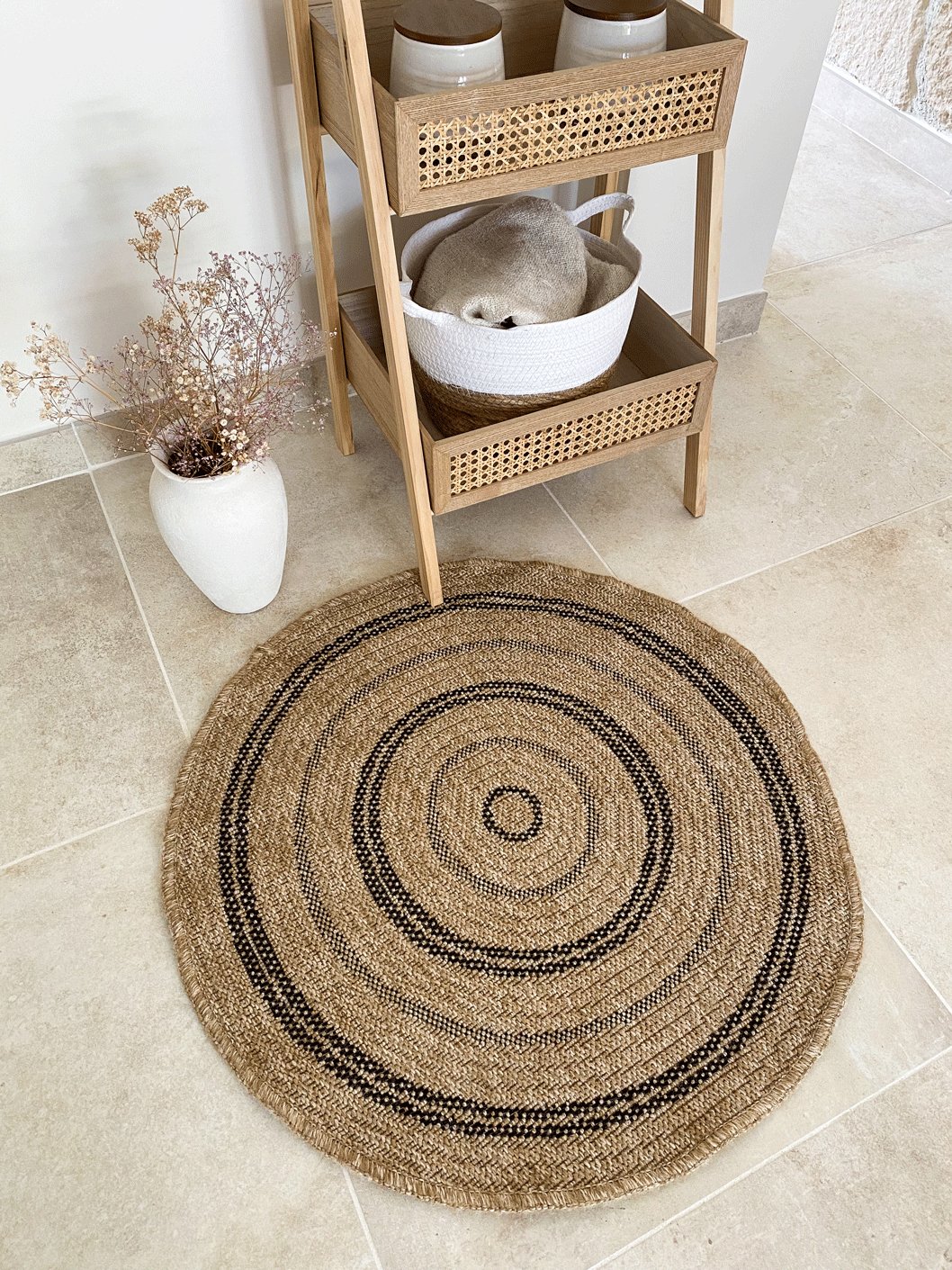 Tapis rond effet jute naturel avec motif noir : NAT8863NOI NATURE