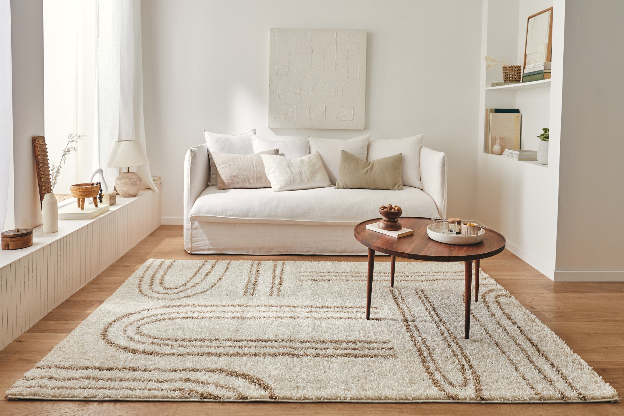Tapis shaggy à poils long motif graphique beige : OLY1068BEI OLYMPE