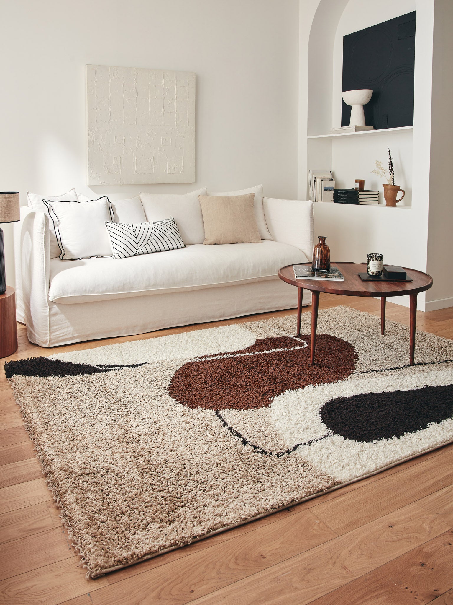 Tapis shaggy à poils long motif artistique de couleur marron, beige, café et crème : PAL1062MAR PALERME