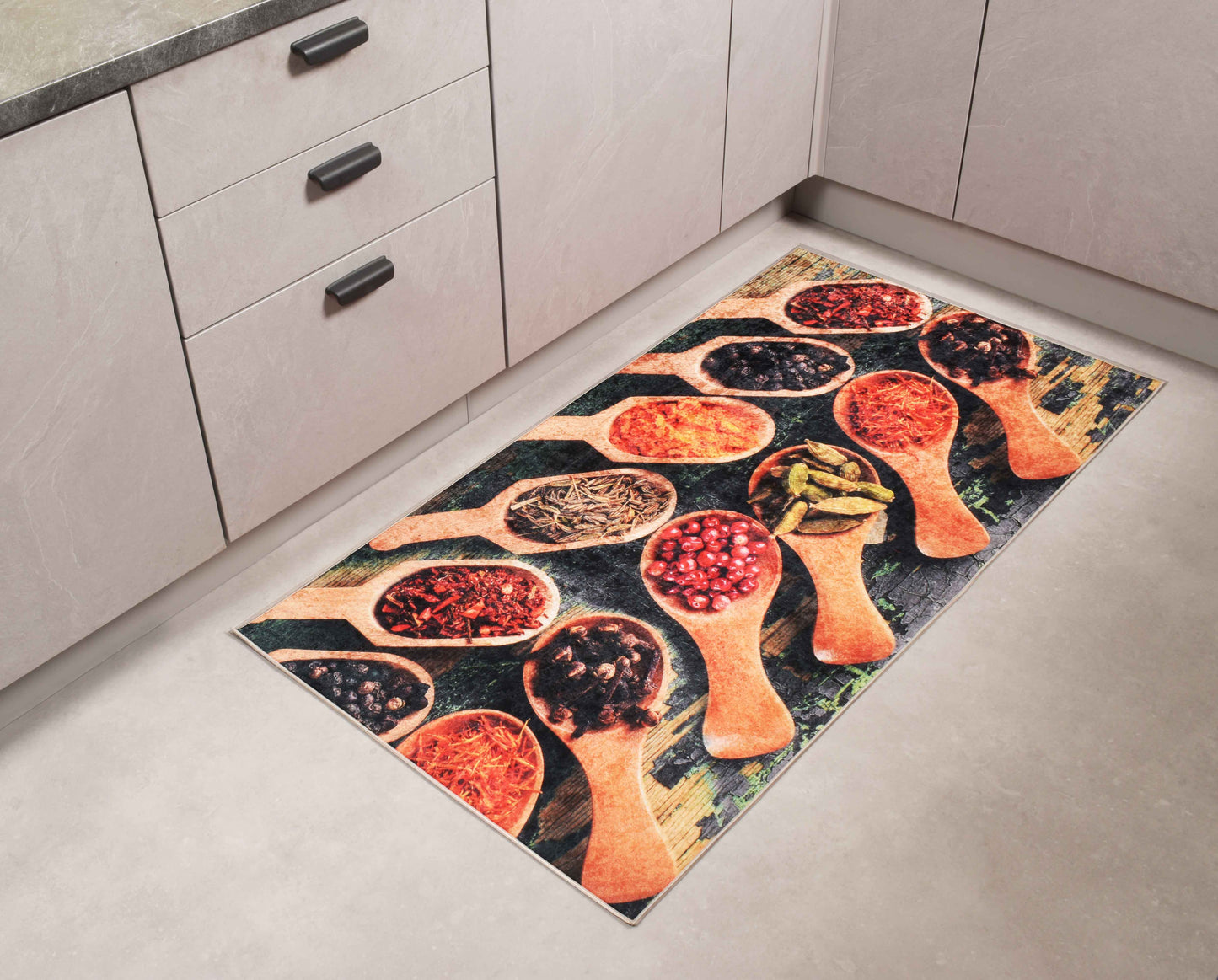 Tapis de cuisine gris motifs épices Nazar rugs