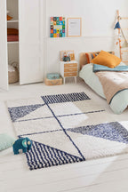 Tapis enfant crème bleu à motifs géométriques : AQU131BLE AQUARELLE