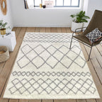 Tapis shaggy de salon en laine artificielle inspiration berbère gris et crème : ASM200GRI ASMA