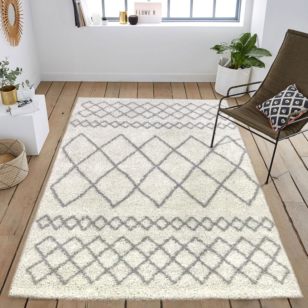 Tapis shaggy de salon en laine artificielle inspiration berbère gris et crème : ASM200GRI ASMA
