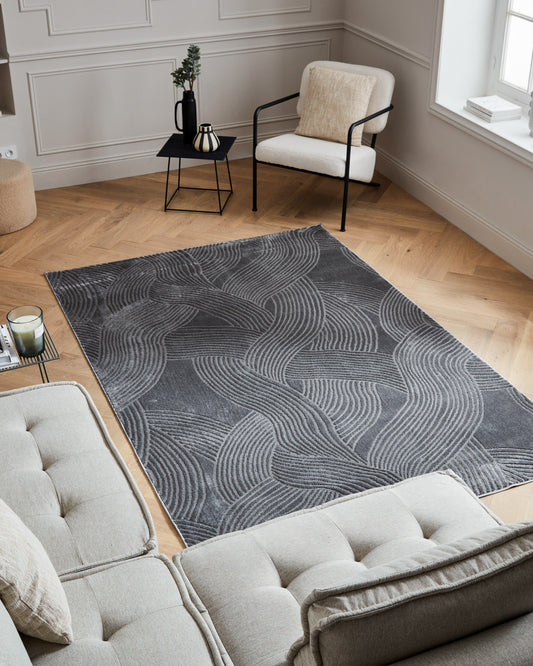 Tapis poils ras motif abstrait en relief gris : BLO1034GRI BLOOM