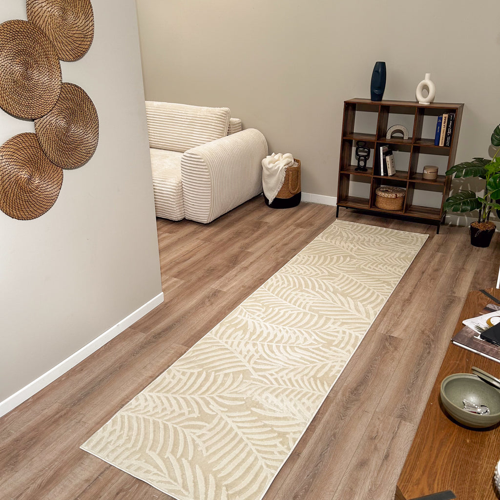 Tapis poils ras motif feuille en relief crème : BLO1035CRE BLOOM