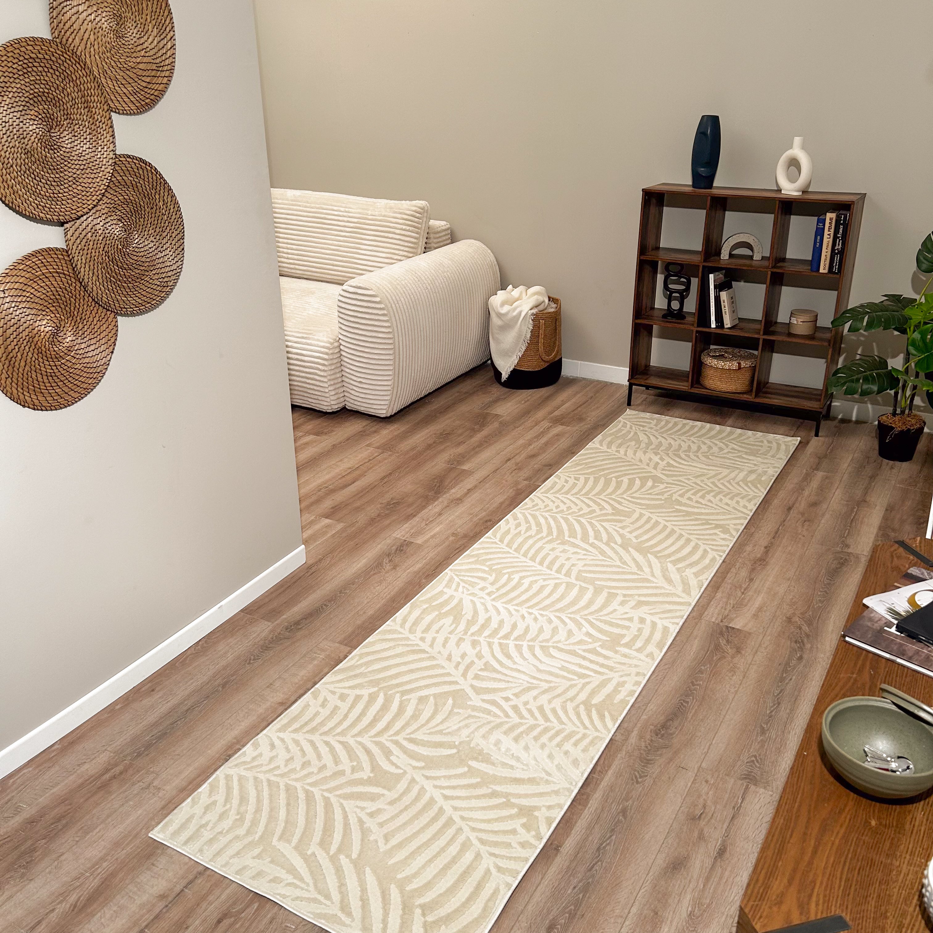 Tapis poils ras motif feuille en relief crème : BLO1035CRE BLOOM