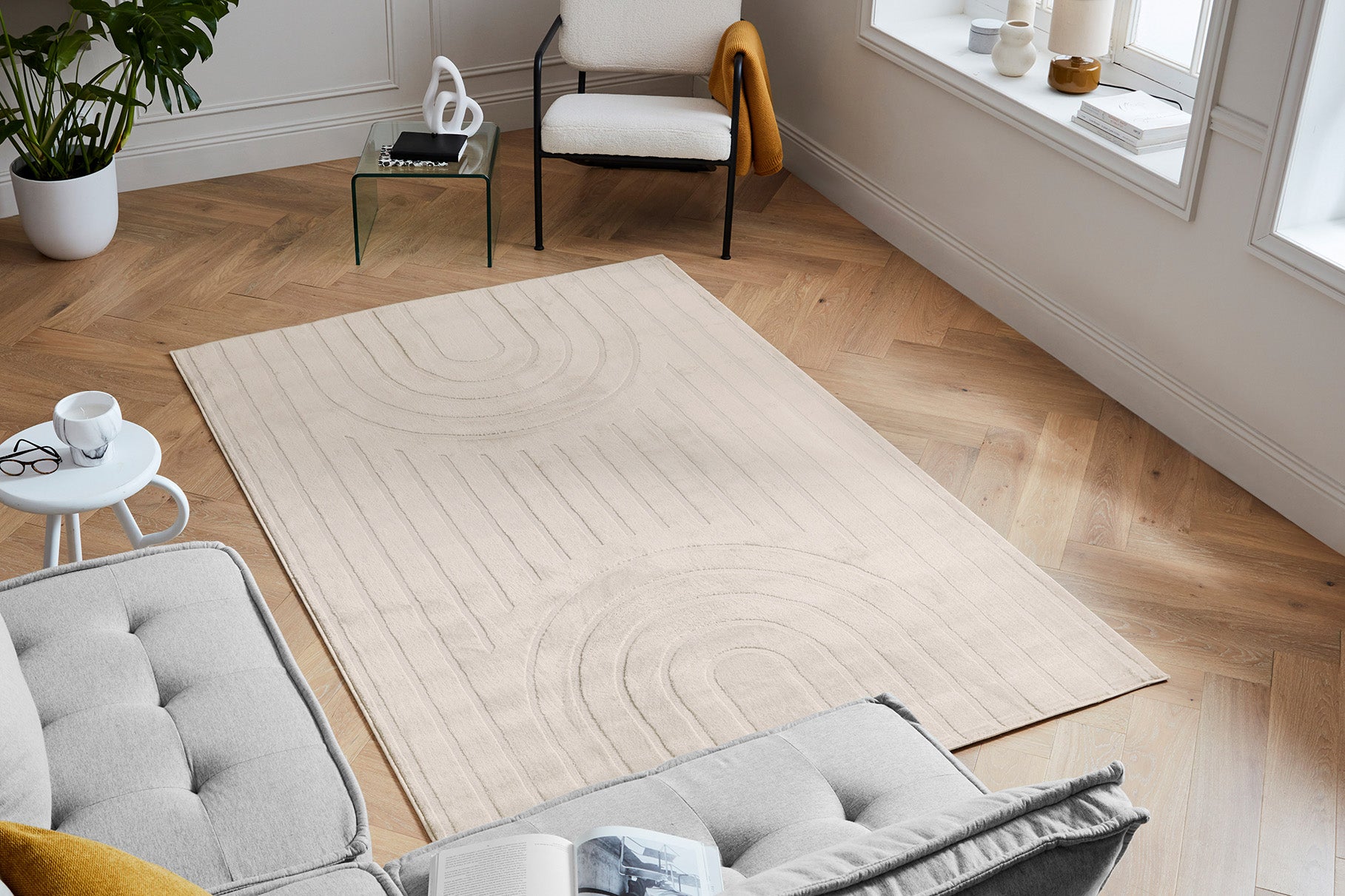 Tapis poils ras motif arc de cercle en relief crème : BLO1037CRE BLOOM