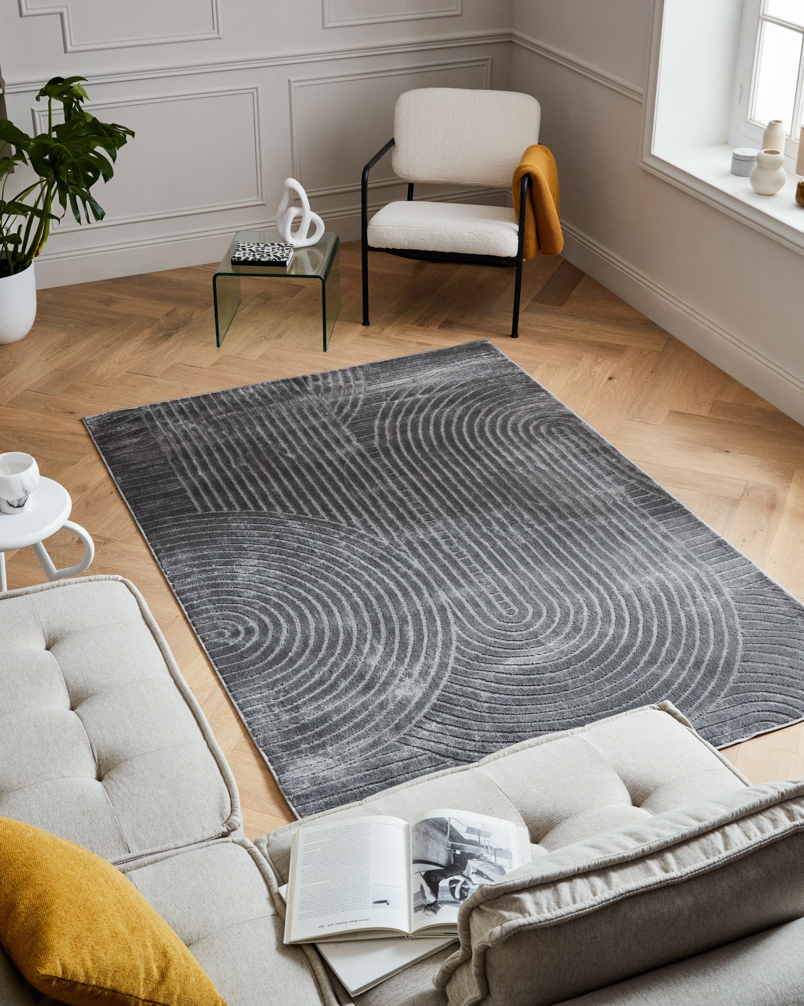 Tapis poils ras motif demi arc en relief gris : BLO1038GRI BLOOM