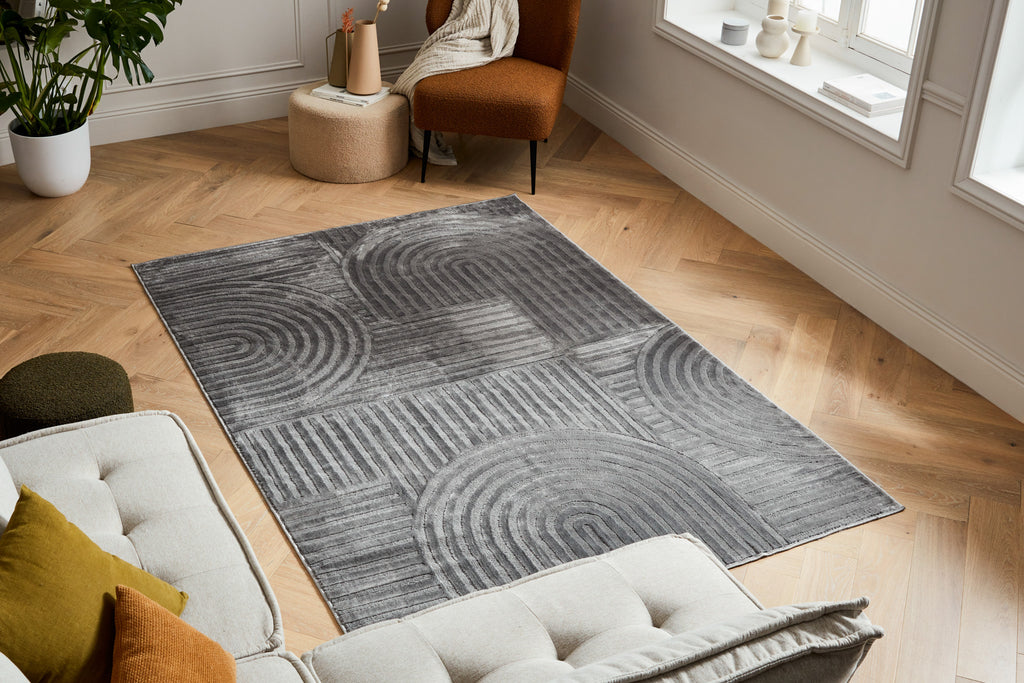 Tapis poils ras motif géométrique en relief gris : BLO1040GRI BLOOM