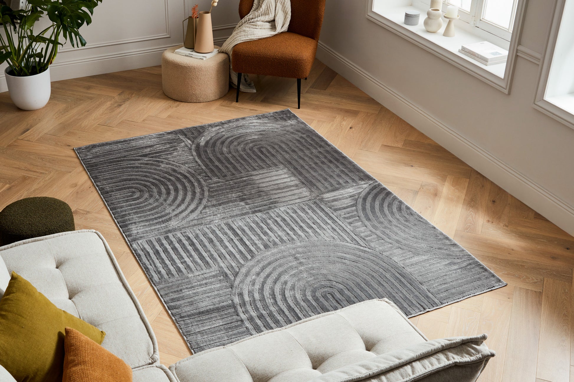 Tapis poils ras motif géométrique en relief gris : BLO1040GRI BLOOM
