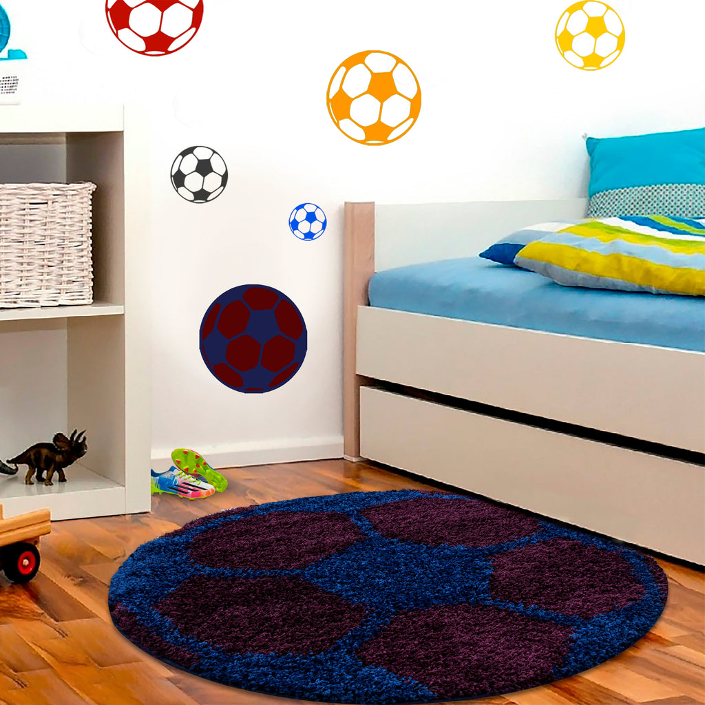 FUN - Tapis enfant shaggy rond à poils long motif ballon de foot bleu - FUN6001BLE FUN