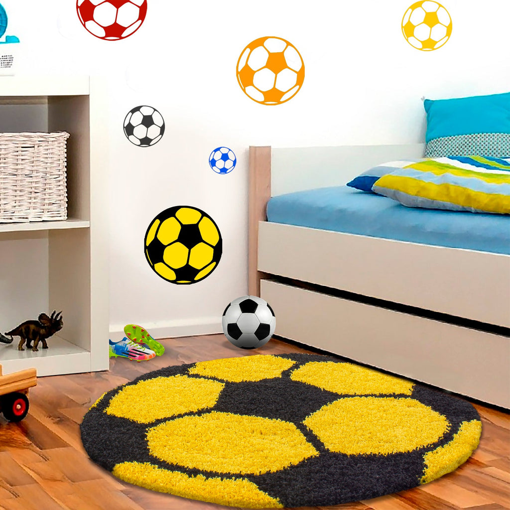 FUN - Tapis enfant shaggy rond à poils long motif ballon de foot jaune - FUN6001JAU FUN