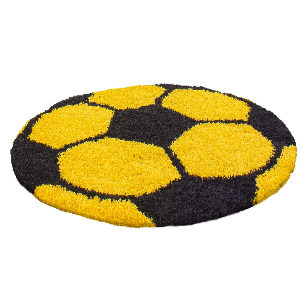 FUN - Tapis enfant shaggy rond à poils long motif ballon de foot jaune - FUN6001JAU FUN
