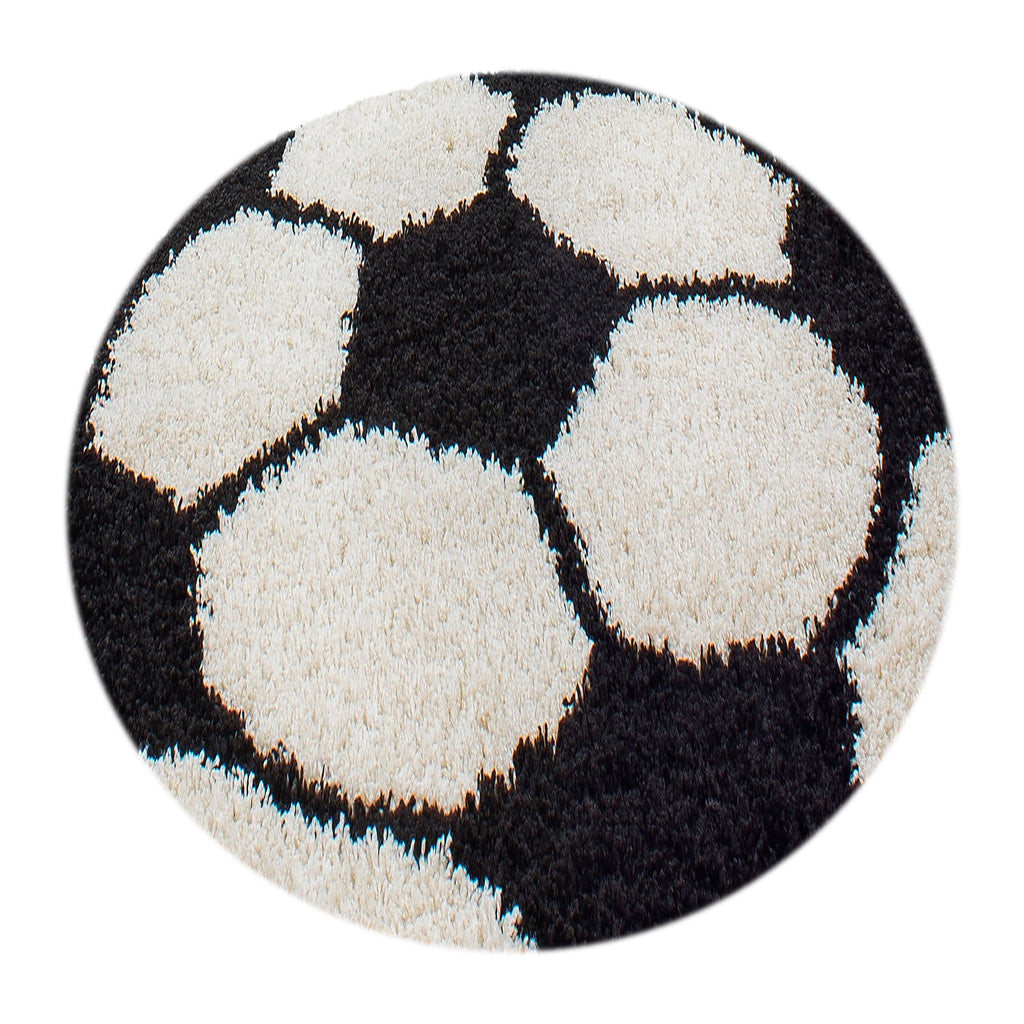 FUN - Tapis enfant shaggy rond à poils long motif ballon de foot noir - FUN6001NOI FUN