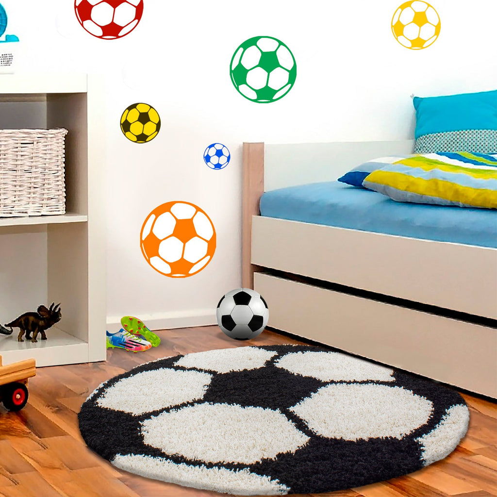 FUN - Tapis enfant shaggy rond à poils long motif ballon de foot noir - FUN6001NOI FUN