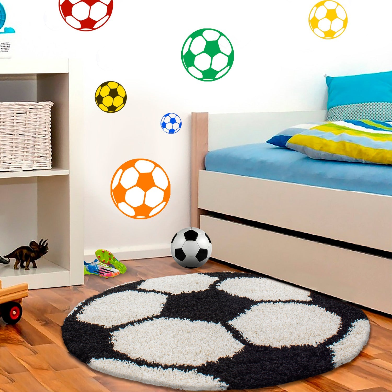 FUN - Tapis enfant shaggy rond à poils long motif ballon de foot noir - FUN6001NOI FUN