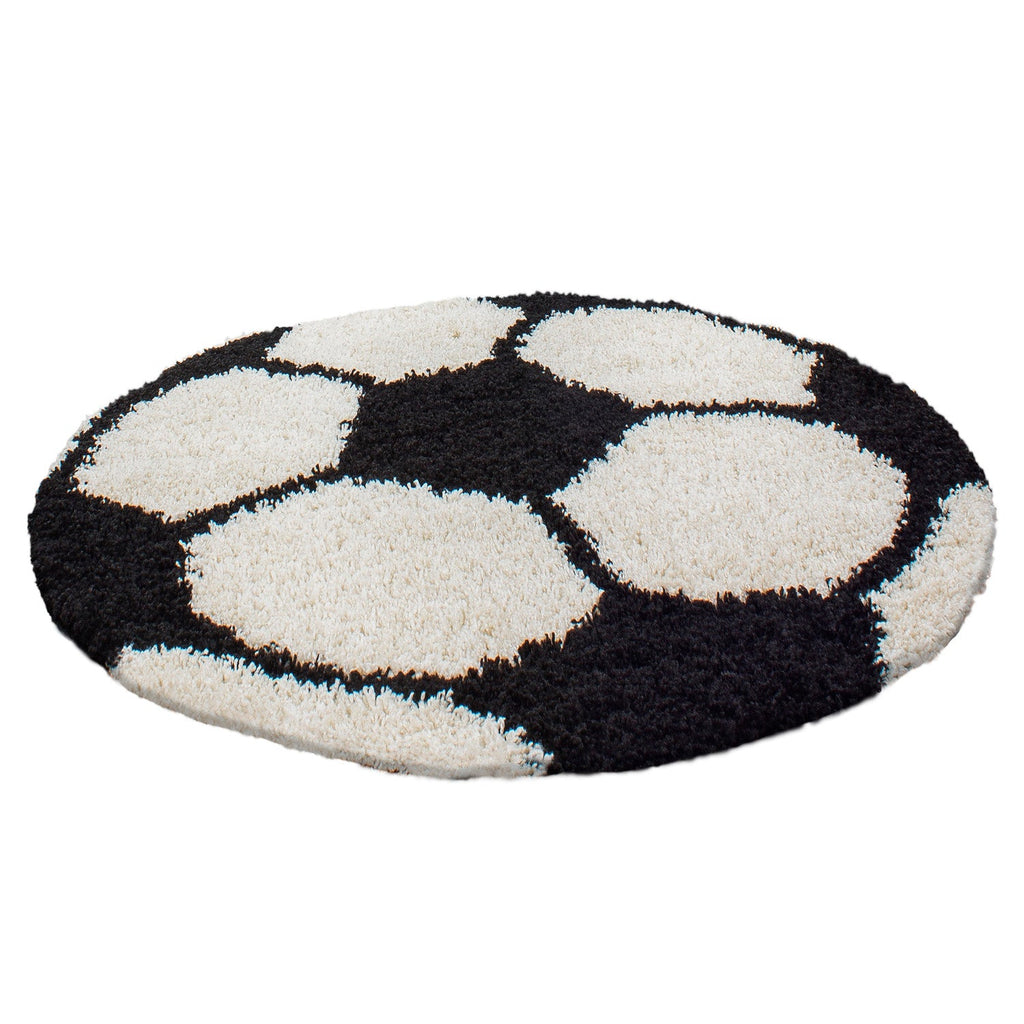FUN - Tapis enfant shaggy rond à poils long motif ballon de foot noir - FUN6001NOI FUN