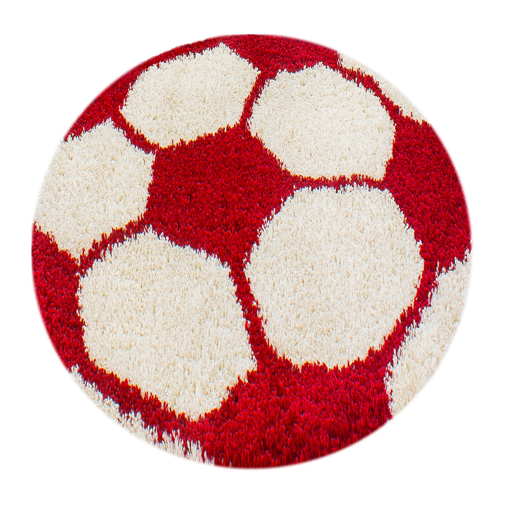 FUN - Tapis enfant shaggy rond à poils long motif ballon de foot rouge - FUN6001ROU FUN