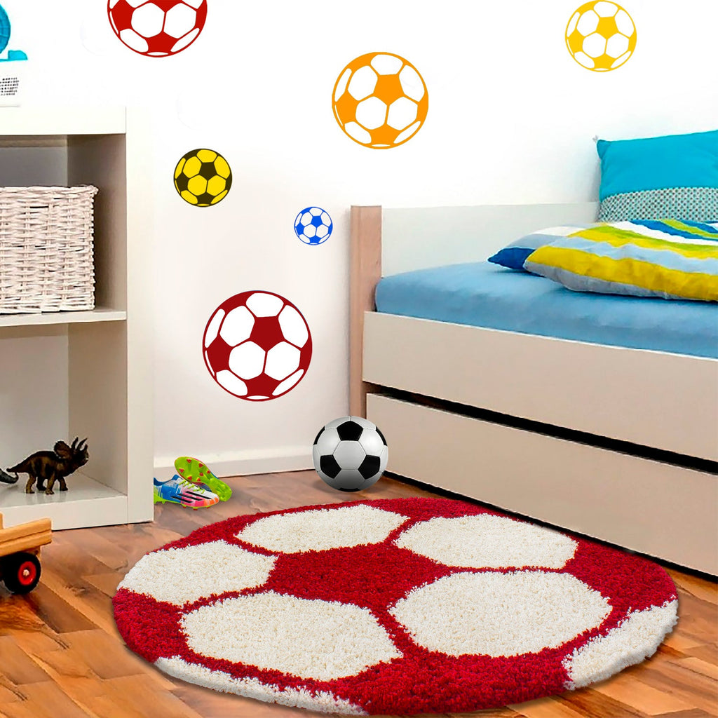 FUN - Tapis enfant shaggy rond à poils long motif ballon de foot rouge - FUN6001ROU FUN