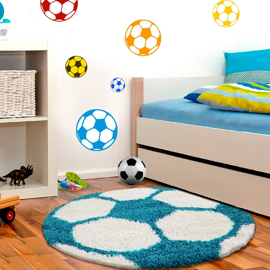 FUN - Tapis enfant shaggy rond à poils long motif ballon de foot turquoise - FUN6001TUR FUN