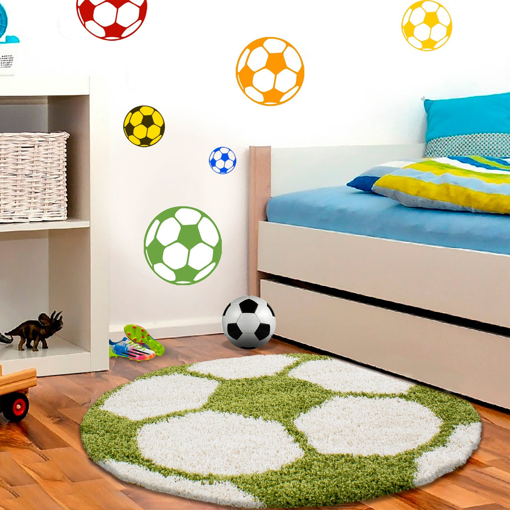 FUN - Tapis enfant shaggy rond à poils long motif ballon de foot vert - FUN6001VER FUN