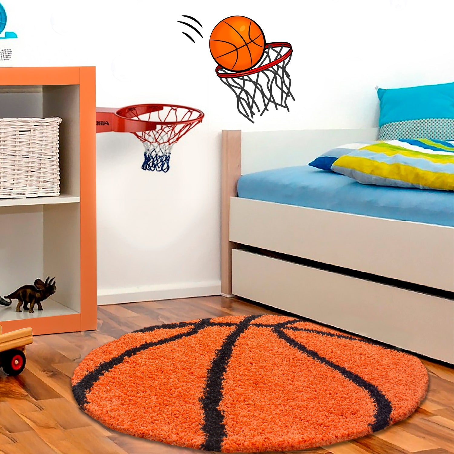 FUN - Tapis enfant shaggy rond à poils long motif ballon de basket orange - FUN6002ORA FUN