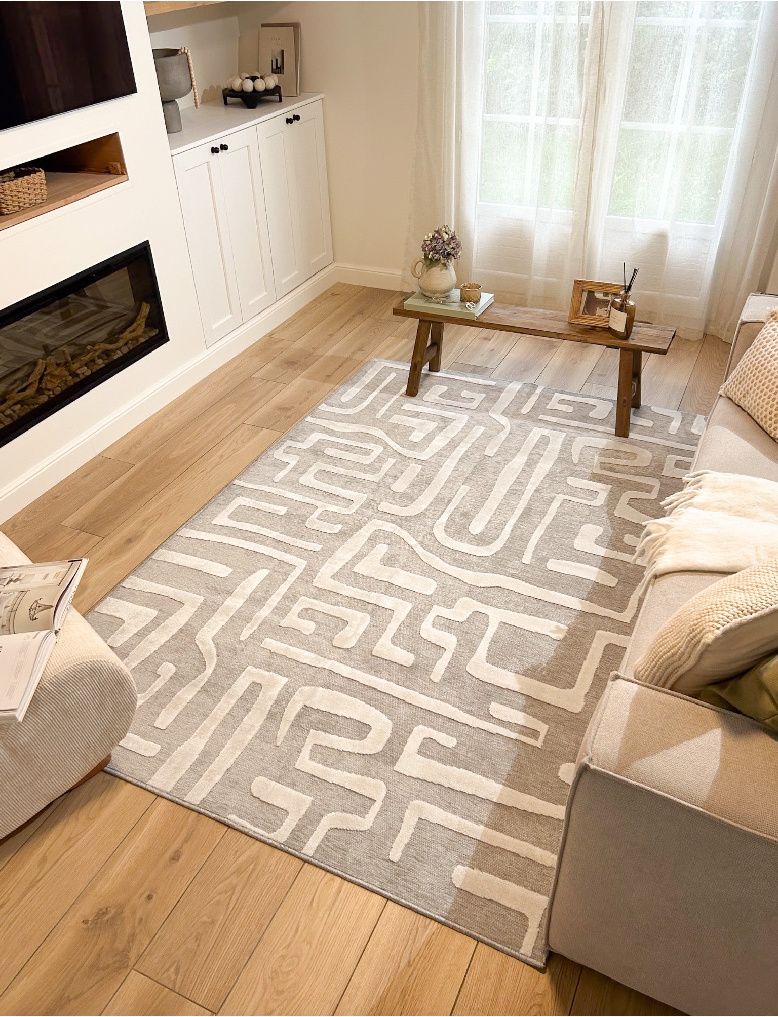 Tapis rectangulaire gris aux lignes abstraites blanches indoor/outdoor - GARDEN Garden