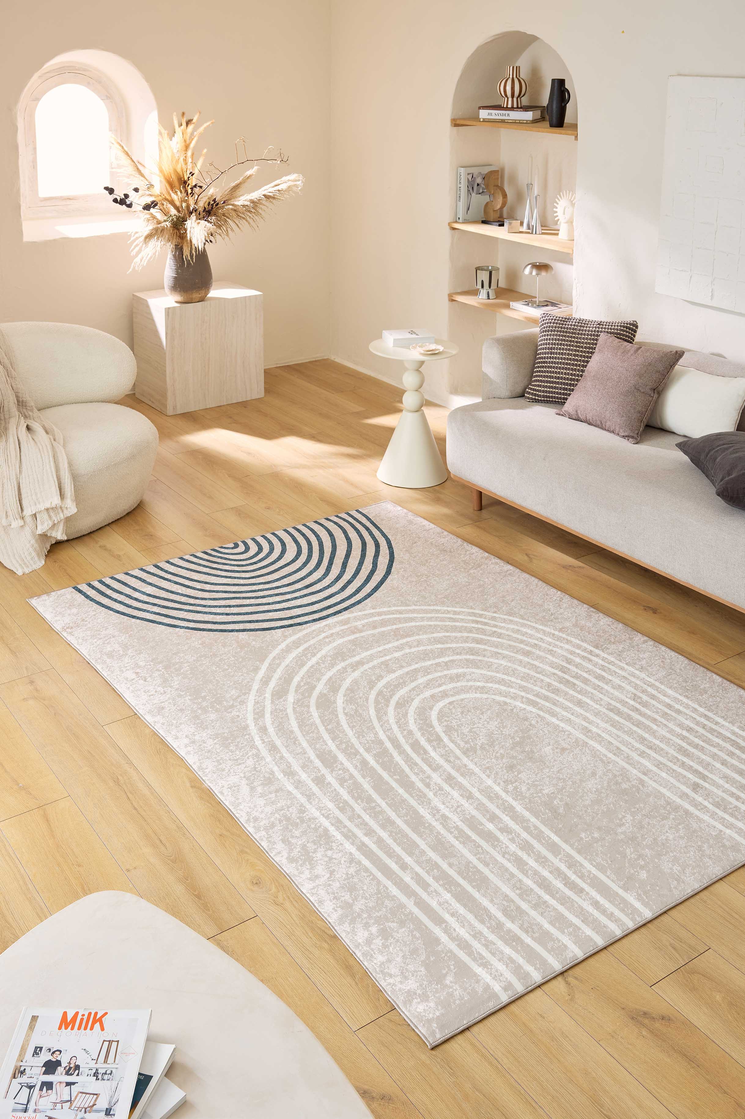 Tapis lavable en machine - Grège - Motif en arc-de-cercle GREGE