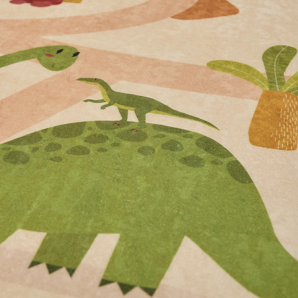 Tapis enfant lavable en machine - Beige à motifs dinosaures  - Collection Happy HAPPY