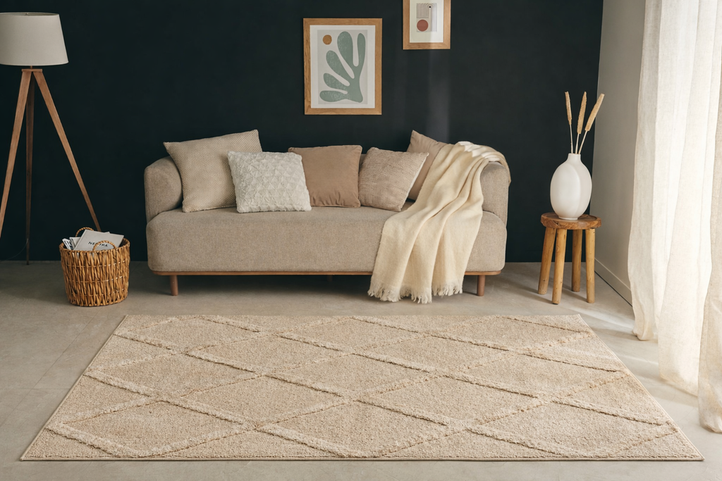 HARMONIE - Tapis de salon beige à motifs losanges en relief - HAR919BEI HARMONIE