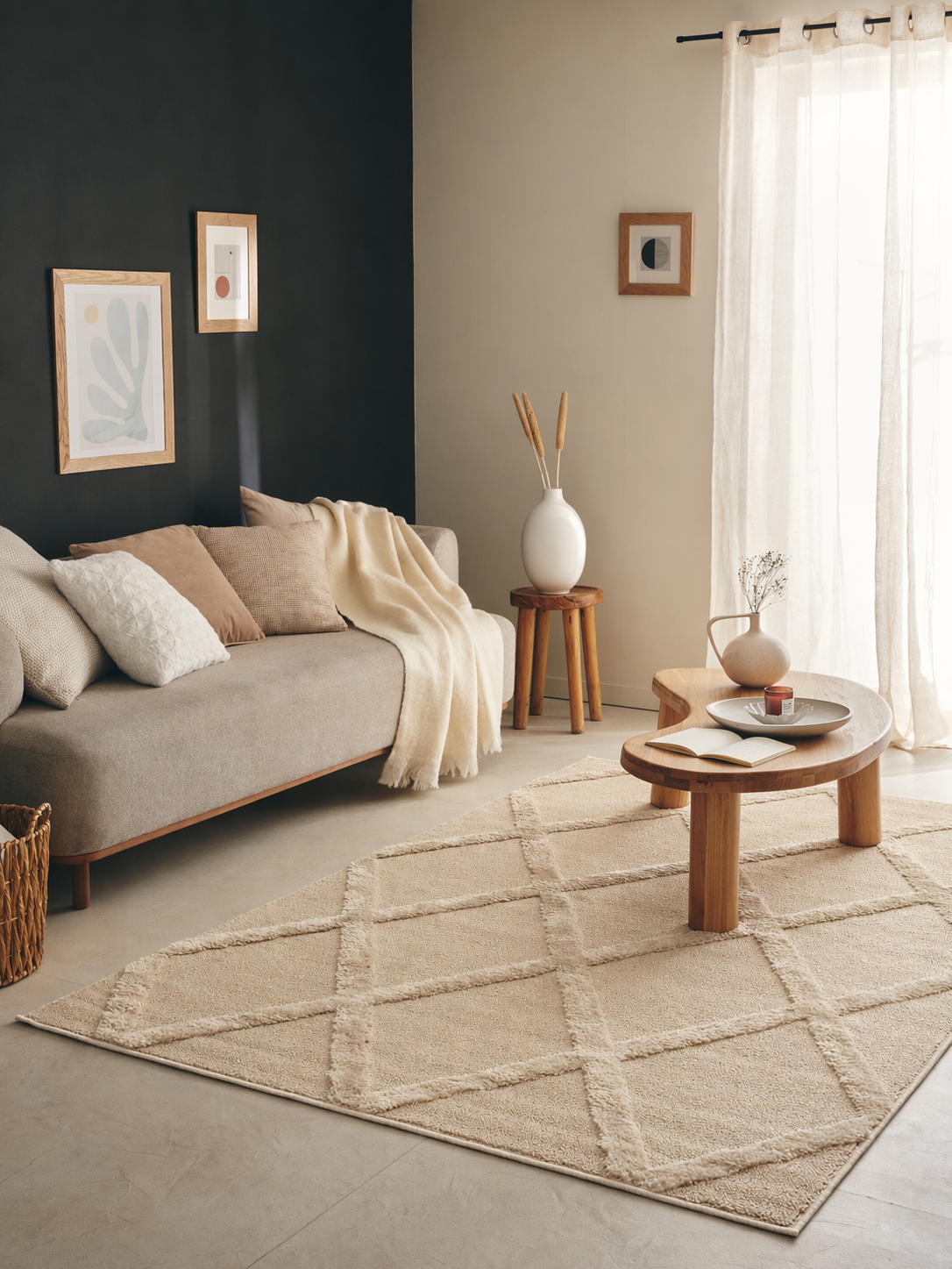 HARMONIE - Tapis de salon beige à motifs losanges en relief - HAR919BEI HARMONIE