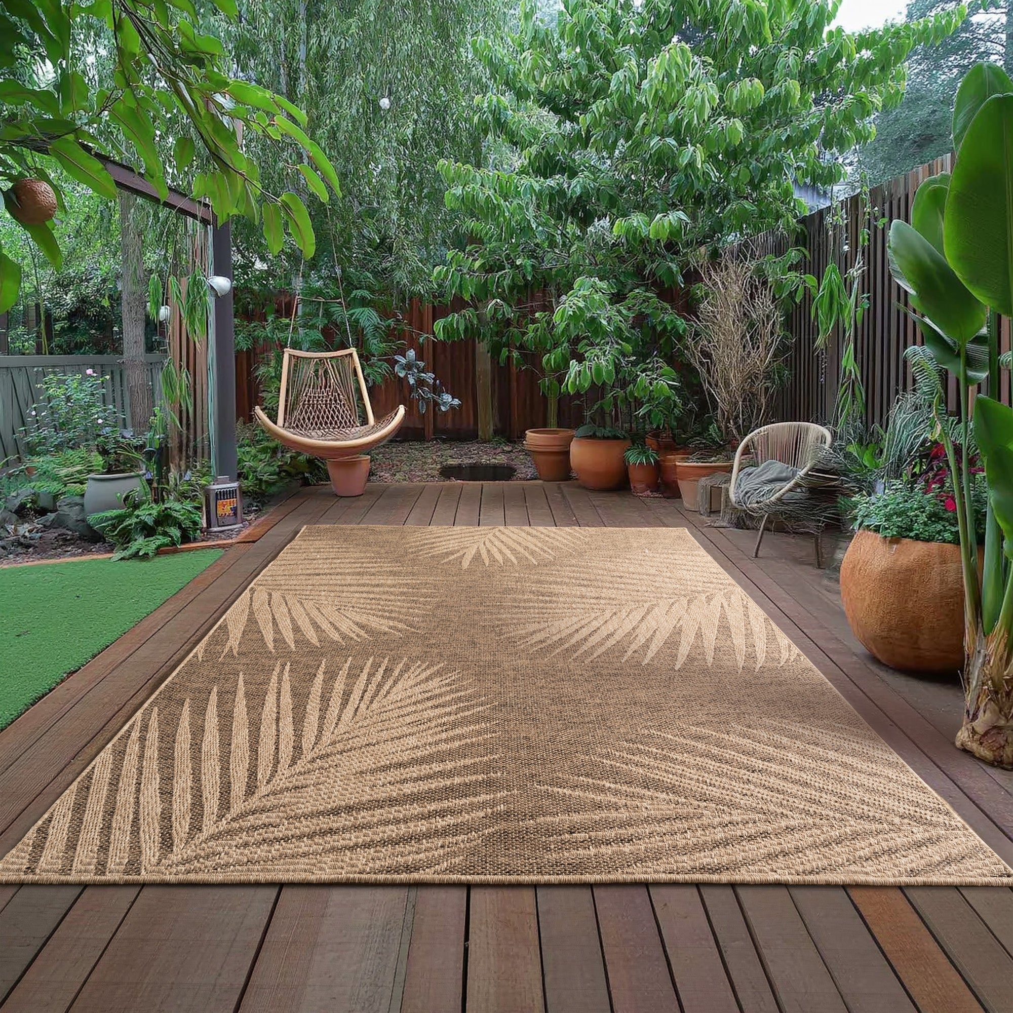 LINORA – Tapis intérieur/extérieur beige, motif feuille aspect jute - LIN1403MAR LINORA