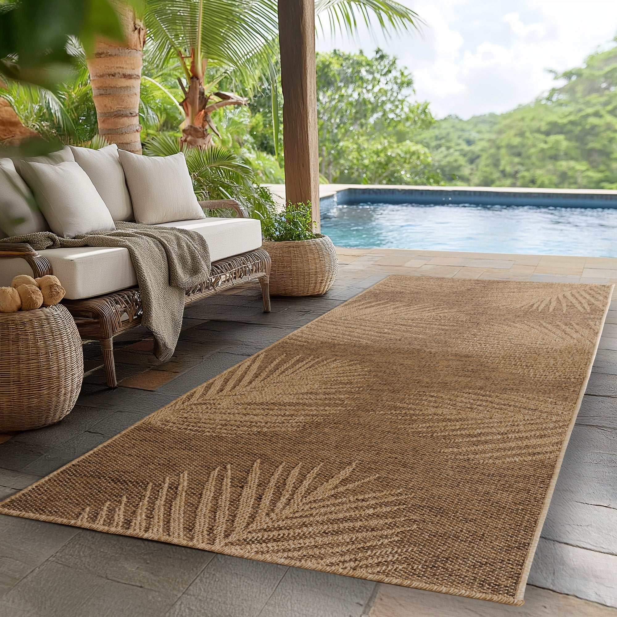 LINORA – Tapis intérieur/extérieur beige, motif feuille aspect jute - LIN1403MAR LINORA