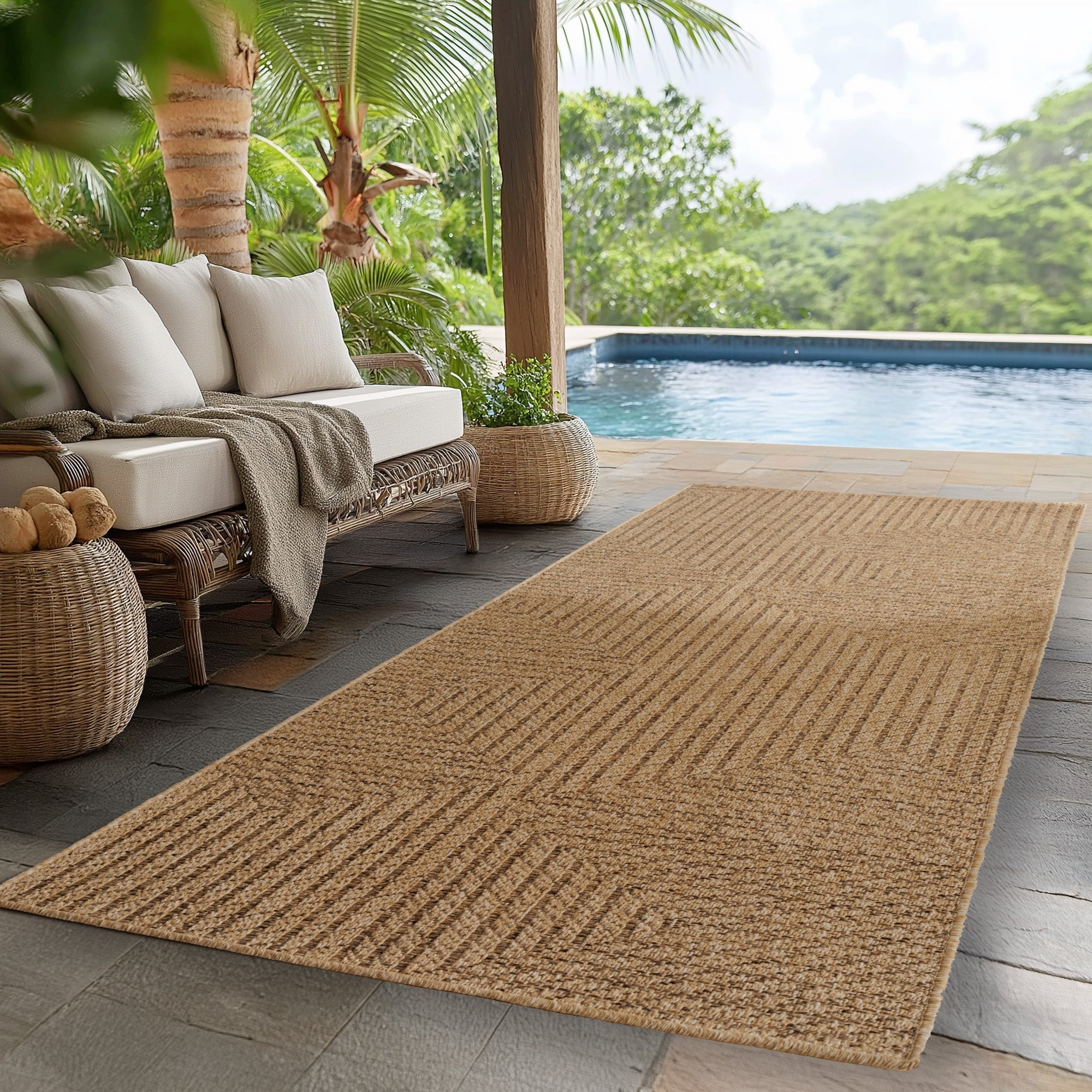 LINORA – Tapis intérieur/extérieur beige, motif graphique aspect jute - LIN1404BEI LINORA