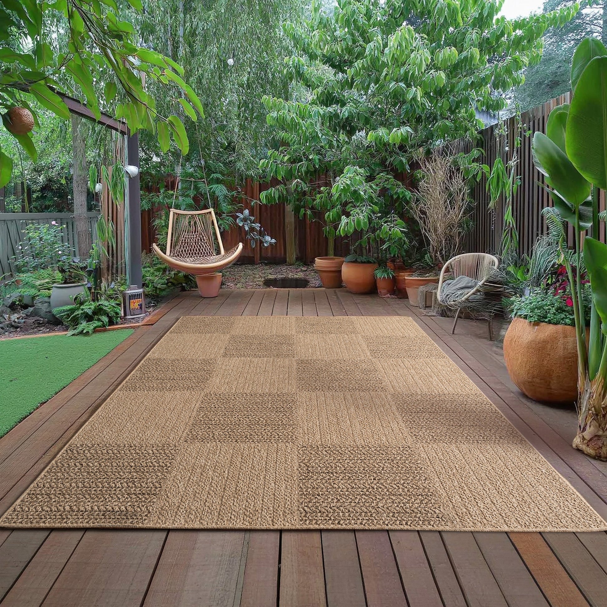 LINORA – Tapis intérieur/extérieur beige, motif damier aspect jute - LIN1405BEI LINORA