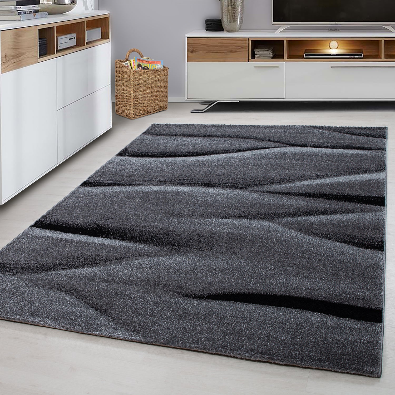 LUCCA - Tapis à poils ras à motif vague noir - LUC1840NOI LUCCA