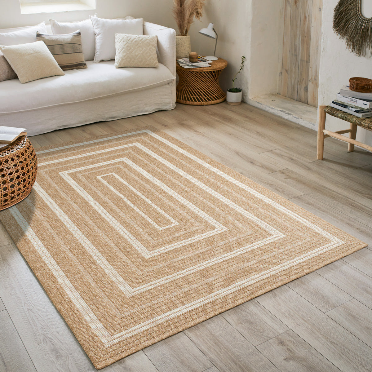 NATURE - Tapis effet jute naturel avec motifs rectangulaires blancs  - NAT8863BLA NATURE