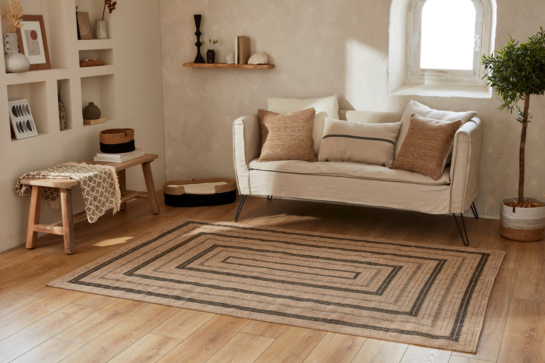 Tapis effet jute naturel à motifs rectangulaires noirs : NAT8863NOI NATURE