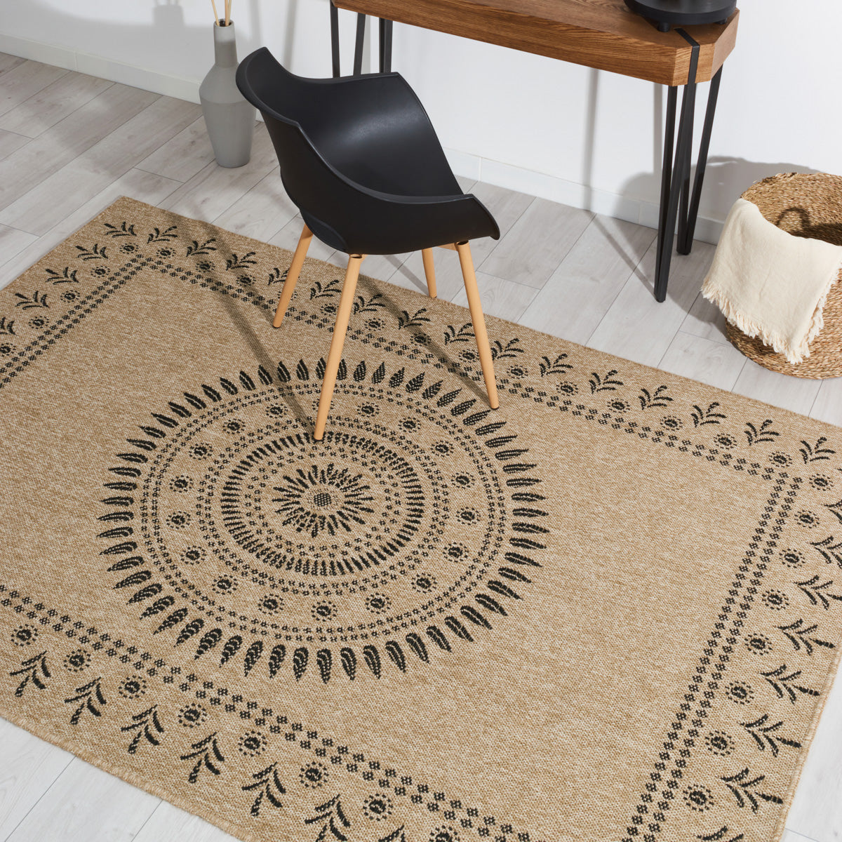NATURE - Tapis effet jute naturel à motifs orientaux noirs - NAT8874NOI NATURE