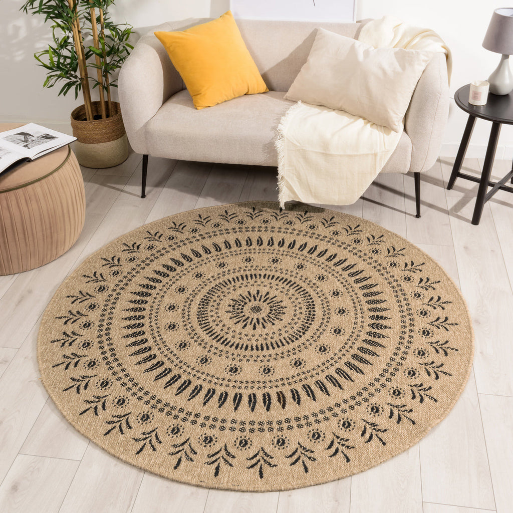 NATURE - Tapis effet jute naturel motifs orientaux noirs rond - NAT8874NOI NATURE