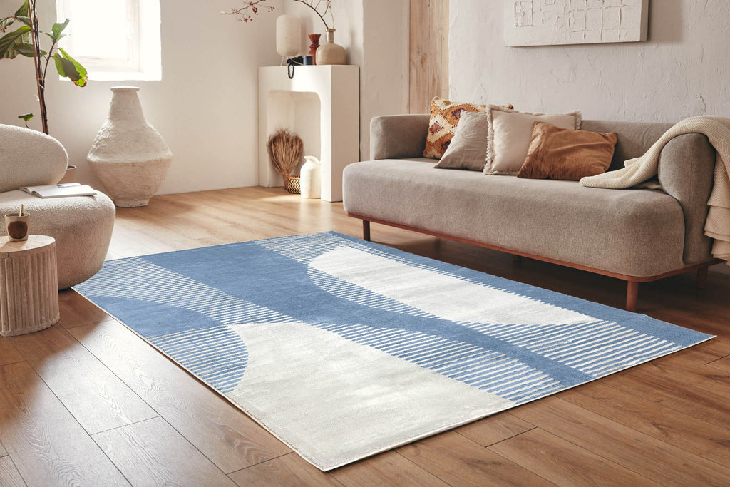 Tapis de salon à poils ras motif abstrait bleu : NEL791BLE NELY