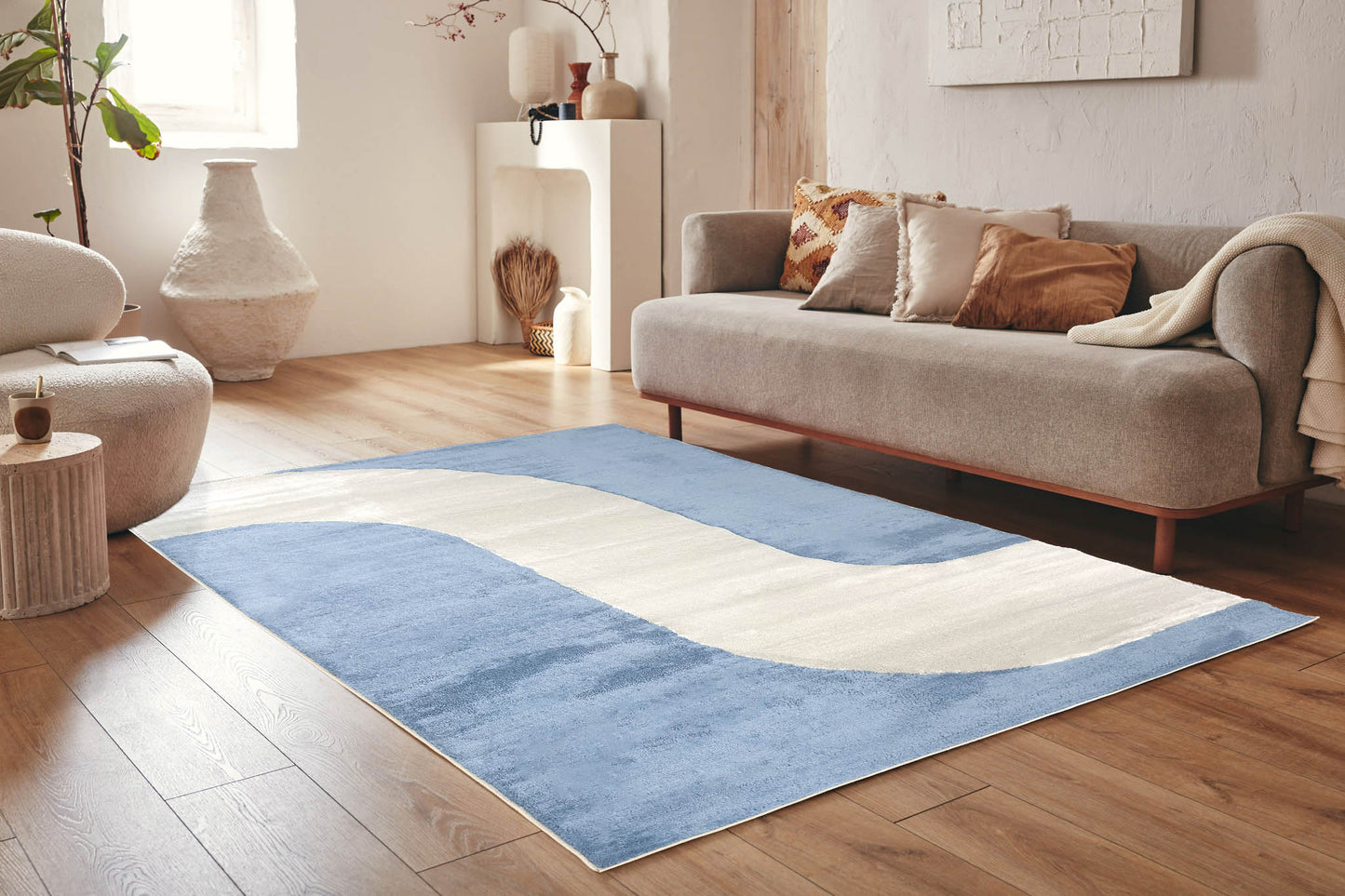 Tapis de salon à poils ras motif vague bleu : NEL794BLE NELY