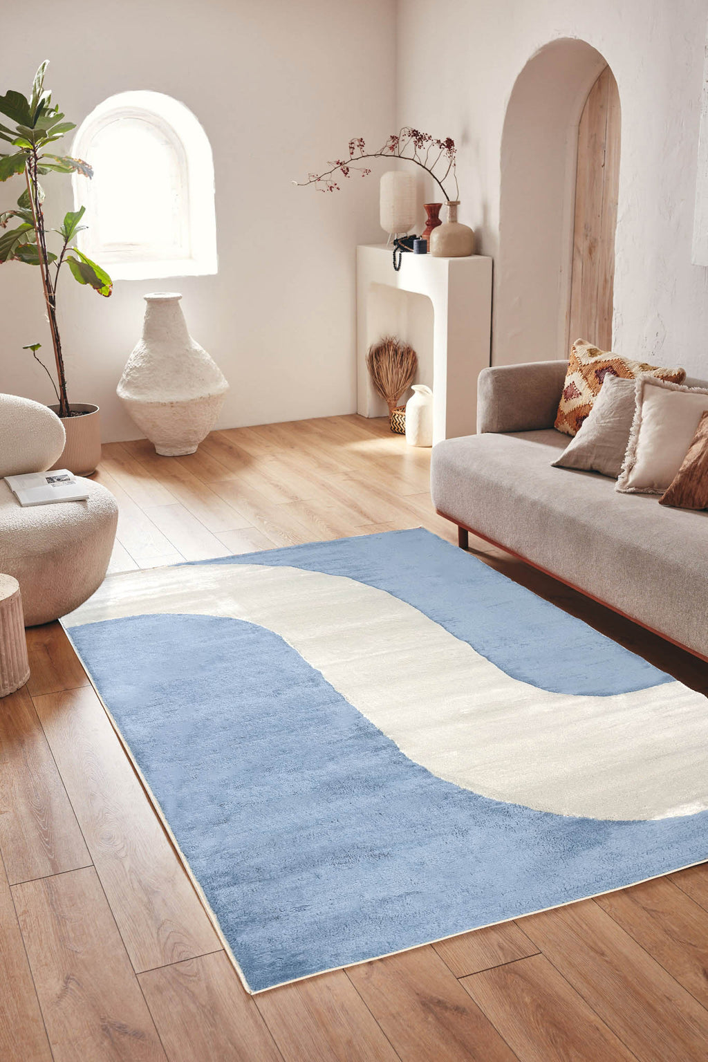 Tapis de salon à poils ras motif vague bleu : NEL794BLE NELY