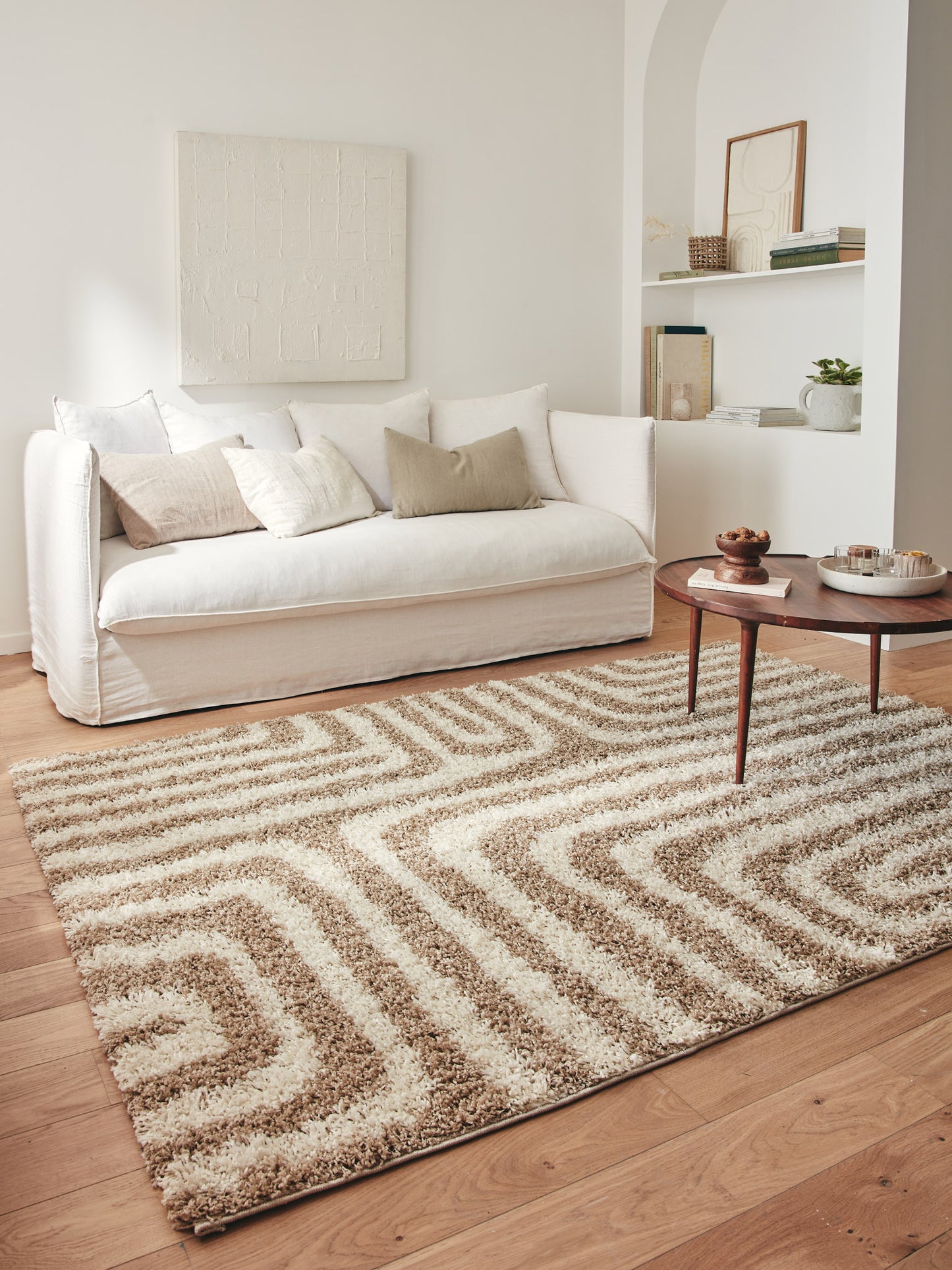 Tapis shaggy à poils long motif géométrique beige : OLY1067BEI OLYMPE