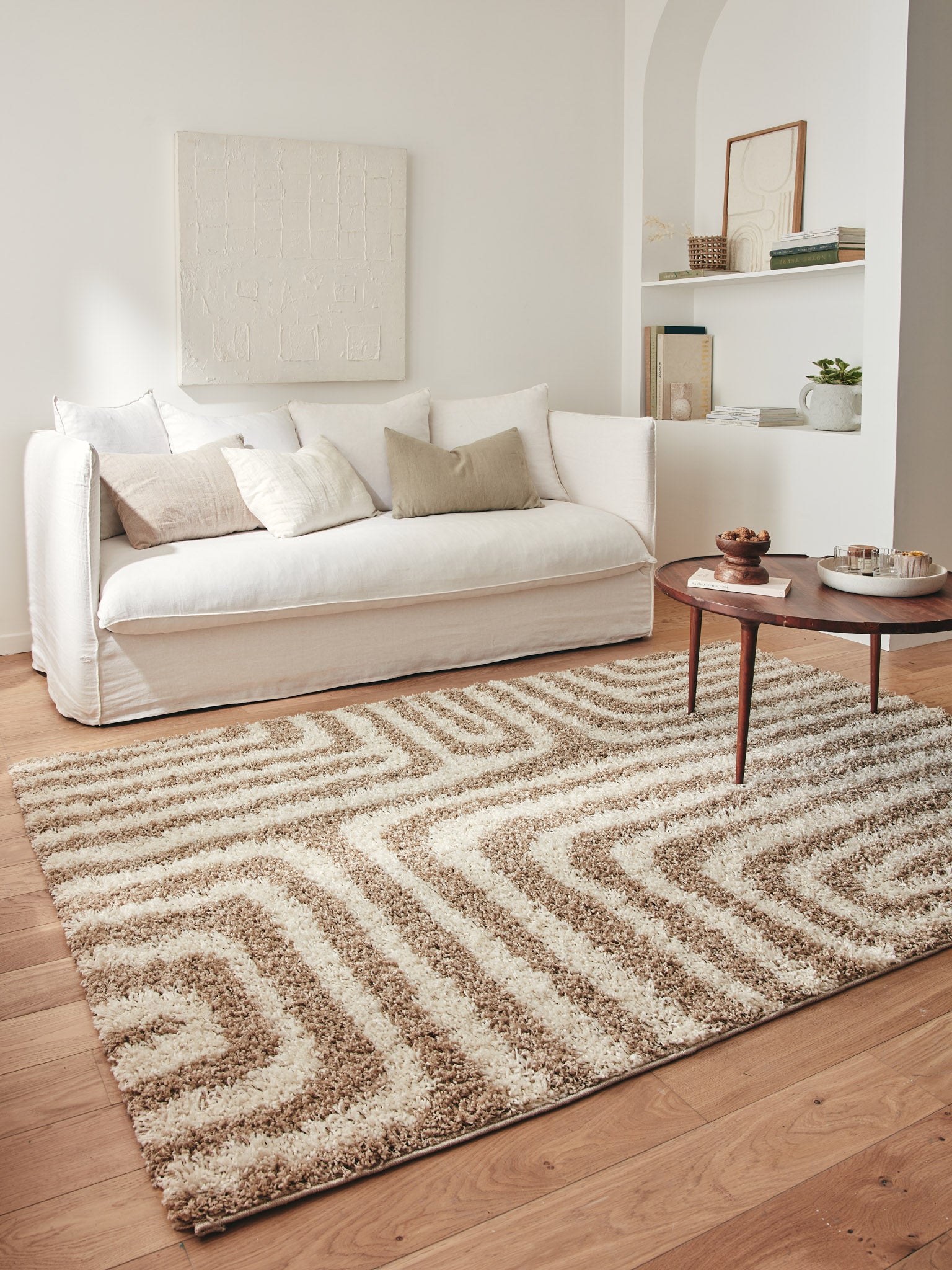 Tapis shaggy à poils long motif géométrique beige : OLY1067BEI OLYMPE